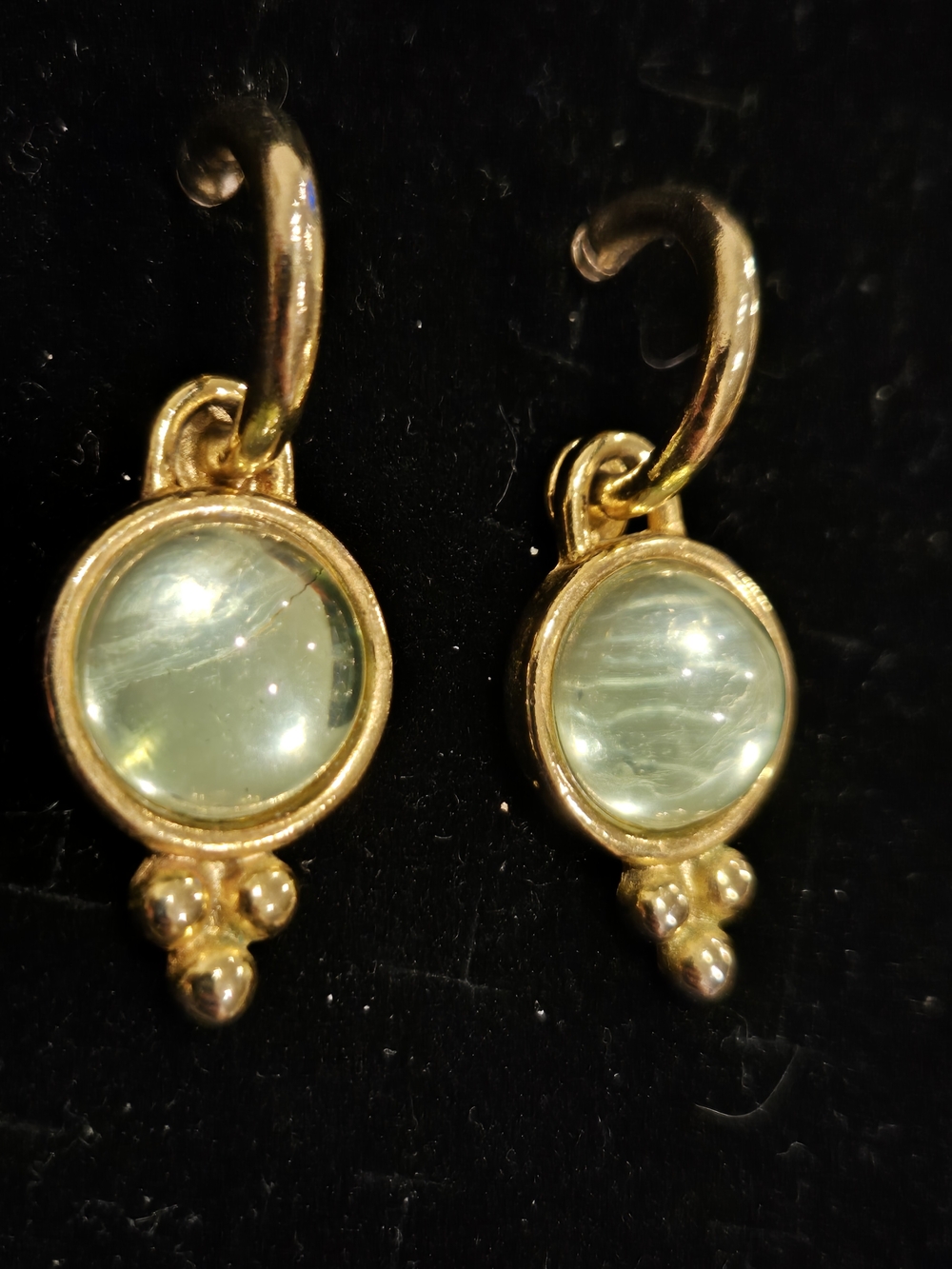 Gold Drop Earrings with Pale Green Cabochon